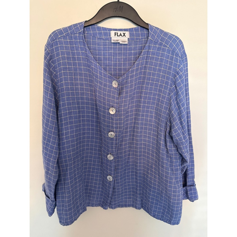 FLAX Blue Windowpane Grid 100% Linen Button Down Shirt V-Neck Large
